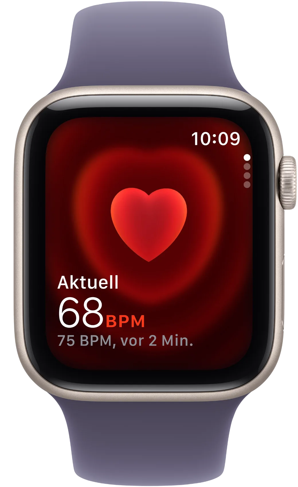 Apple Watch SE 3 von vorn: eckiges Aluminiumgehäuse mit runden Kanten in hellem Beigesilber, auf dem Display die Herzfrequenz-App mit großem rotem Herz, der Uhrzeit 10:09 und den Werten „Aktuell 68 BPM“ und „75 BPM, vor 2 Min.“; rechts die Digital Crown, oben und unten das angeschnittene fliederfarbene Sportarmband