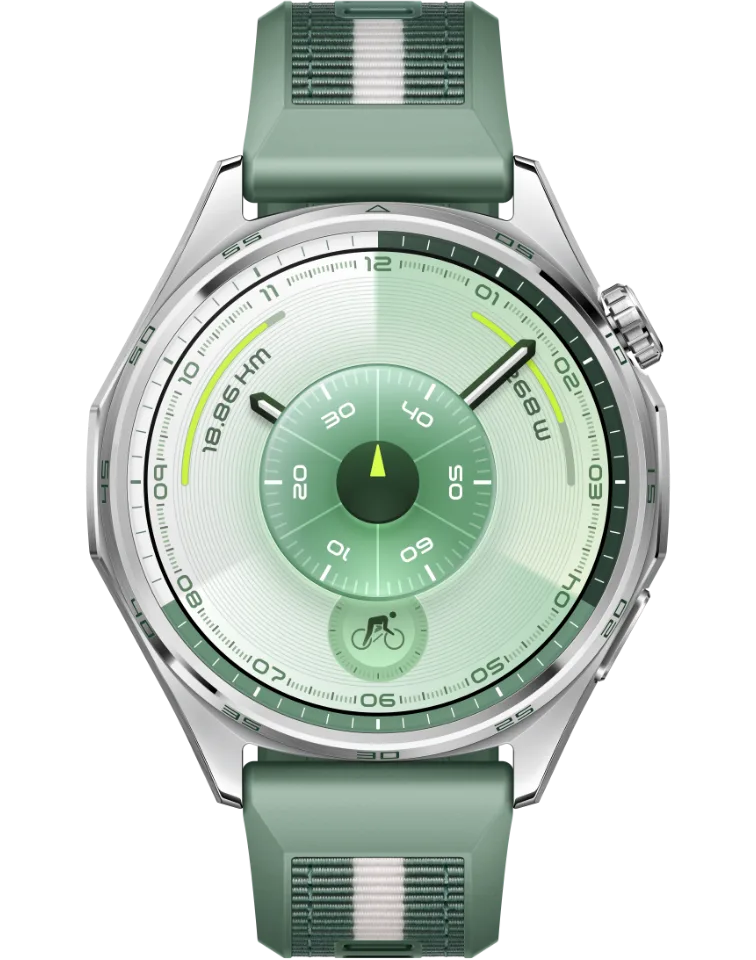 Huawei Watch GT 6 von vorn: rundes silberfarbenes Gehäuse mit einer Lünette voller Minutenzahlen, darin ein hellgrünes Zifferblatt mit schwarzen Zeigern und einer runden Zwischenskala, darunter ein kleines Fahrradsymbol; rechts oben die Krone, grünes Kunststoffarmband mit hellem Längsstreifen