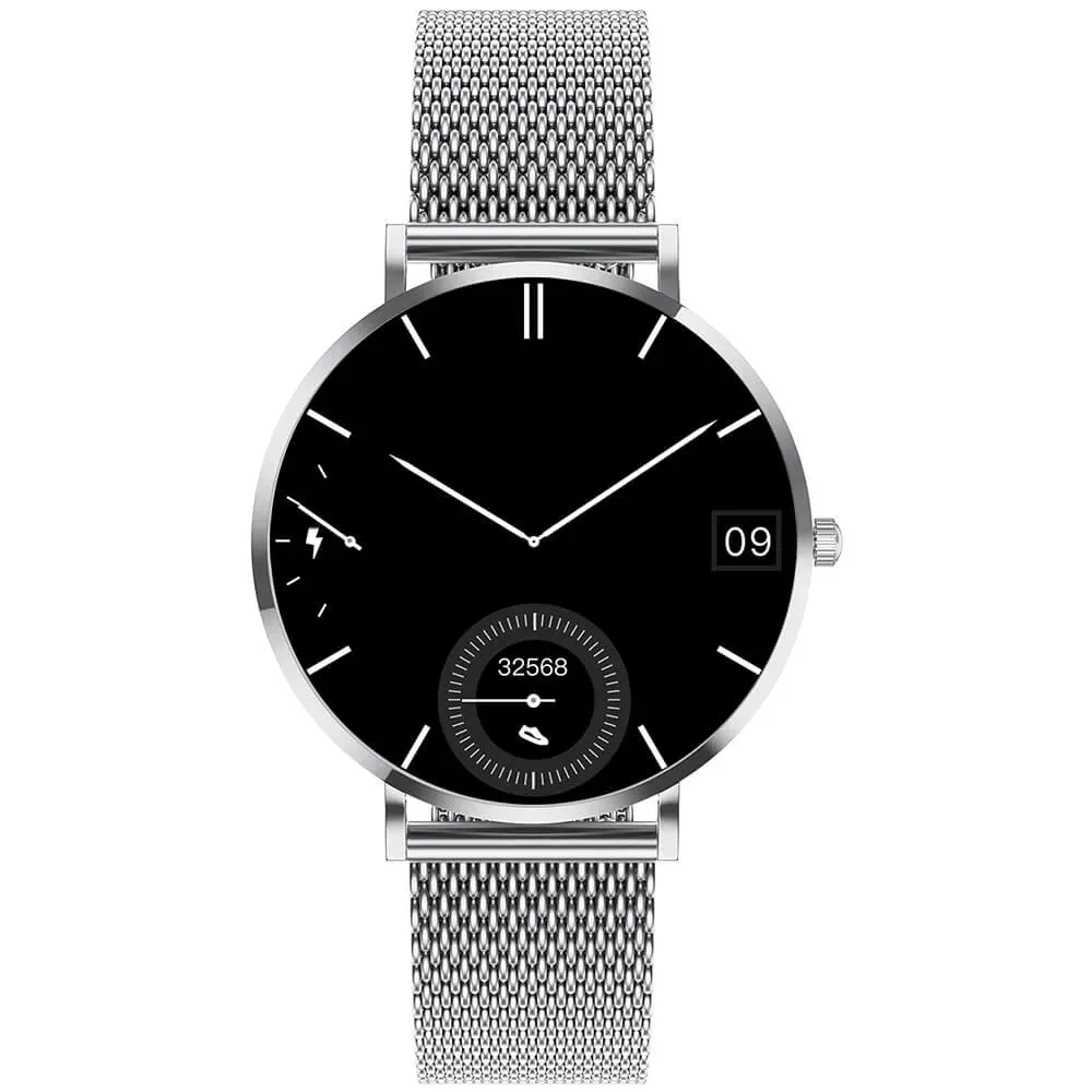 Pireware Amory 5 Mini in Silber von vorn: rundes Edelstahlgehäuse mit schwarzem Zifferblatt, analogen Zeigern, Datumsanzeige rechts und einem kleinen Schrittzähler-Feld, dazu ein fein gewebtes Milanaise-Armband
