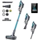 Pireware Prime 3 in mehreren Ansichten: der Stielstaubsauger in Türkisblau und Grau mit beleuchteter Bodendüse, daneben zwei Varianten als Handsauger mit Fugen- und Flachdüse, links Zubehör mit Ersatzfiltern, Wandhalterung und Bürsten, oben rechts ein schwarzes Display mit Akkuanzeige