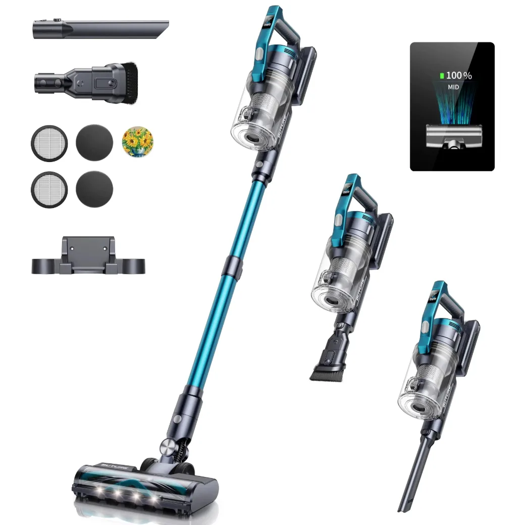 Pireware Prime 3 in mehreren Ansichten: der Stielstaubsauger in Türkisblau und Grau mit beleuchteter Bodendüse, daneben zwei Varianten als Handsauger mit Fugen- und Flachdüse, links Zubehör mit Ersatzfiltern, Wandhalterung und Bürsten, oben rechts ein schwarzes Display mit Akkuanzeige
