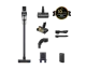 Samsung Jet 85 PetPRO in Schwarz mit komplettem Zubehör auf weißem Grund: der Stielsauger mit flacher Bodendüse, daneben Motorbürste, Mini-Turbobürste, Fugendüsen, Winkelaufsatz, Ladestation und Ersatzakku, oben rechts ein schwarzes Siegel „10 Jahre Garantie“ auf den Motor