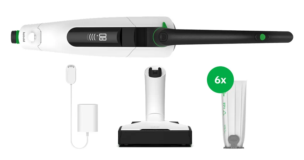 Vorwerk Kobold VK7 in Weiß, liegend mit grünem Akzent am Griff, darunter der Lieferumfang: Netzteil, Elektrobürste und ein Sechserpack Filtertüten mit grüner „6x“-Marke