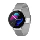 Zenwatch Venice Pro schräg von vorn: flaches silberfarbenes Rundgehäuse mit schwarzem Zifferblatt, darauf eine bunte Grafik aus blauen, violetten und pinken Kreisformen und zwei dünne weiße Zeiger; silbernes Milanaise-Armband mit sichtbarem Schließenbügel