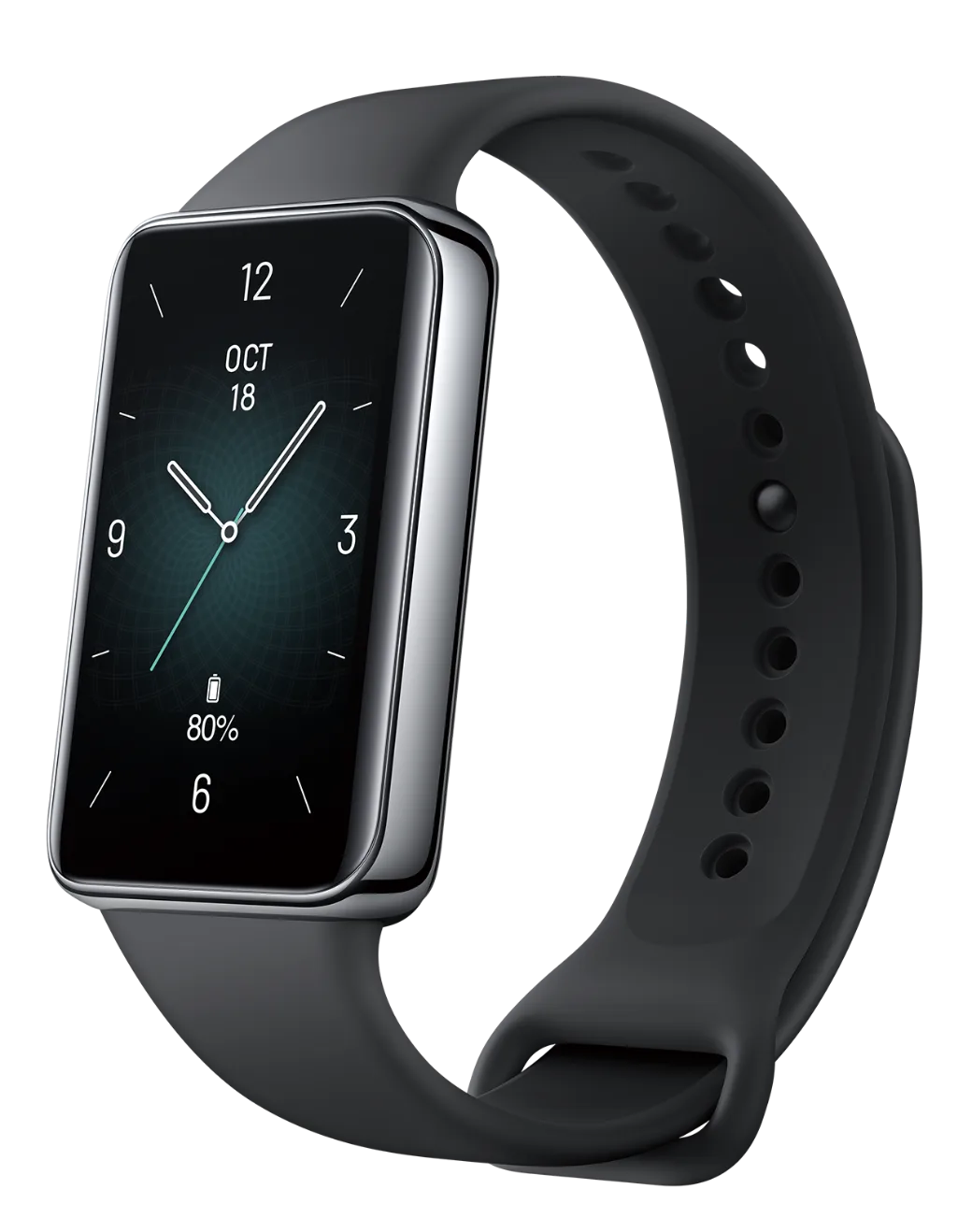 Honor Band 9 in Schwarz, leicht gedreht: abgerundetes Hochkant-Display mit analogem Zifferblatt, den Ziffern 12, 3, 6 und 9, dem Datum OCT 18 und 80 Prozent Akku; graues Gehäuse und schwarzes Silikonarmband mit Schließe