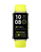 Huawei Band 10 in leuchtendem Gelbgrün von vorn: hochkantes Display mit großer Uhrzeit 10:08, Puls 97, Schlafdauer 7 h 45 min neben dem Ziel 8 h und einem Balkendiagramm mit 7645 Schritten; rechts die schmale Gehäusetaste, dazu das glatte Silikonarmband