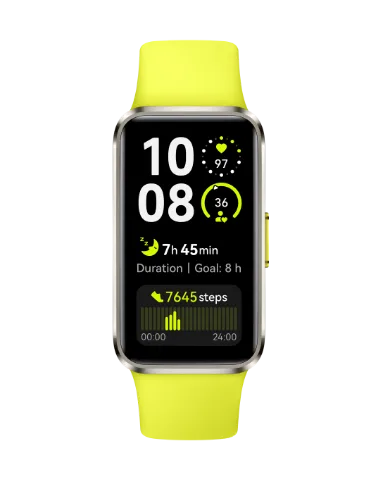 Huawei Band 10 in leuchtendem Gelbgrün von vorn: hochkantes Display mit großer Uhrzeit 10:08, Puls 97, Schlafdauer 7 h 45 min neben dem Ziel 8 h und einem Balkendiagramm mit 7645 Schritten; rechts die schmale Gehäusetaste, dazu das glatte Silikonarmband