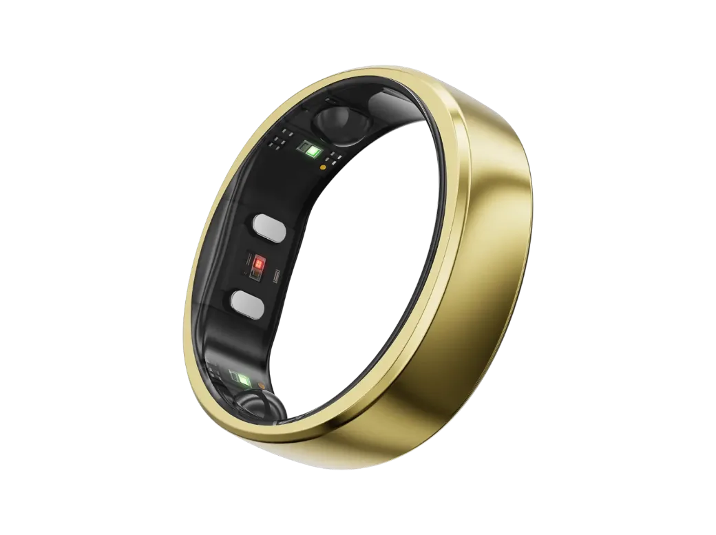 Goldfarbener Ring mit breiter, glatt polierter Außenfläche, schräg schwebend aufgenommen: auf der schwarzen Innenseite zwei helle ovale Sensorfenster, eine rot leuchtende und zwei grün leuchtende LEDs